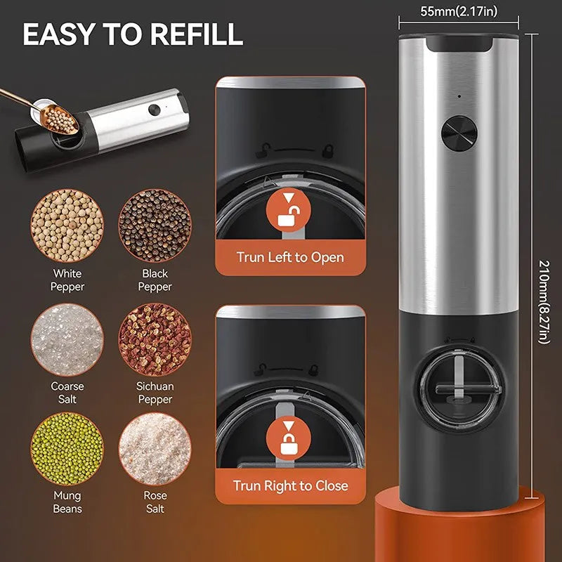 Electric Salt Grinder Set USB Rechargeable Electric Pepper Mill With LED Light Adjustable Coarseness Kitchen Tools